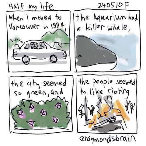 Car; killer whale; rhododendron bush; street riot