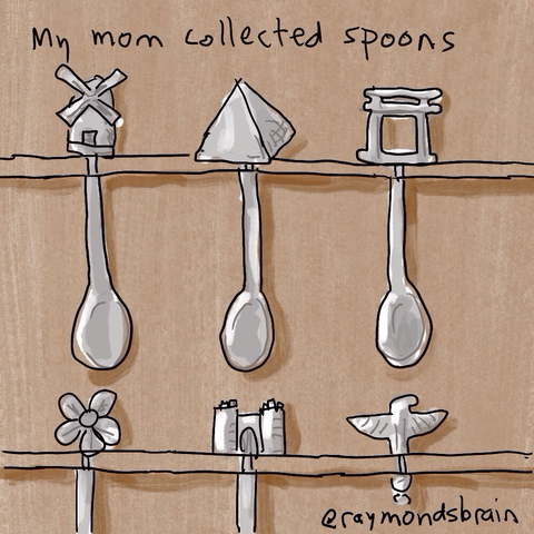Ornamental spoons in wooden rack