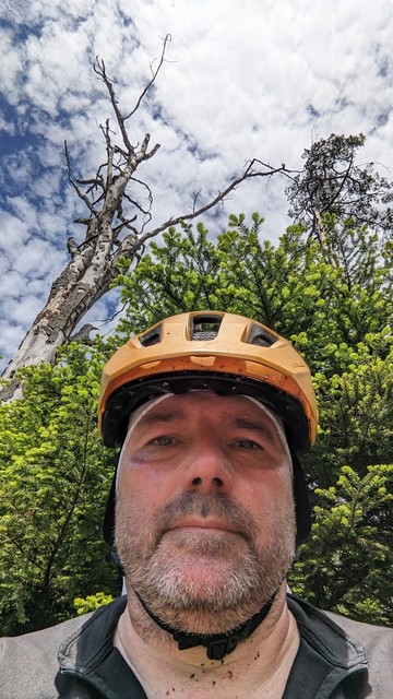 Photo of me with a tall, dead tree above me. Cloudy sky.