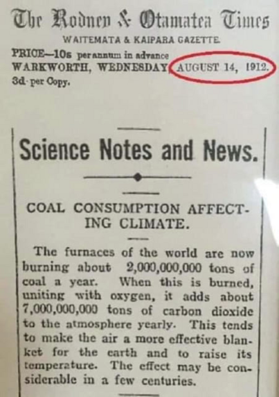 News article dating from 1912 warning from the future dangers of massive CO2 emissions.