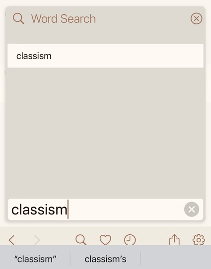 Screenshot of app “Terminology,” with a search on the word “classism,” and a one-item list of suggestions containing the word “classism.”