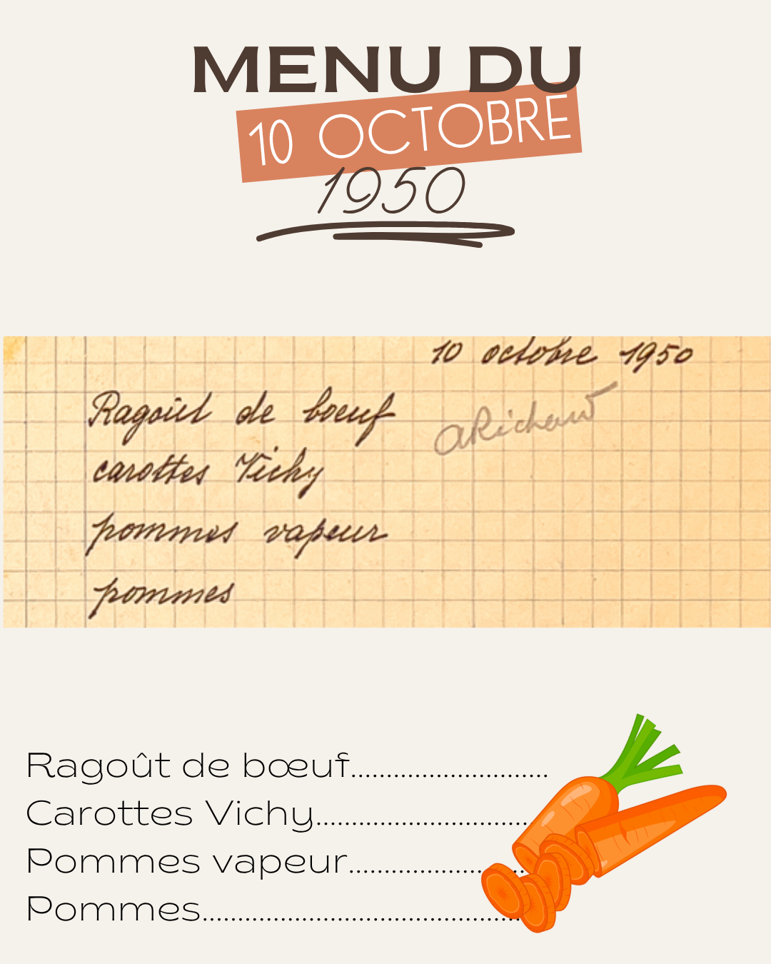 Menus du 10 octobre 1950
Ragoût de bœuf
Carottes Vichy
Pommes vapeur
Pommes
