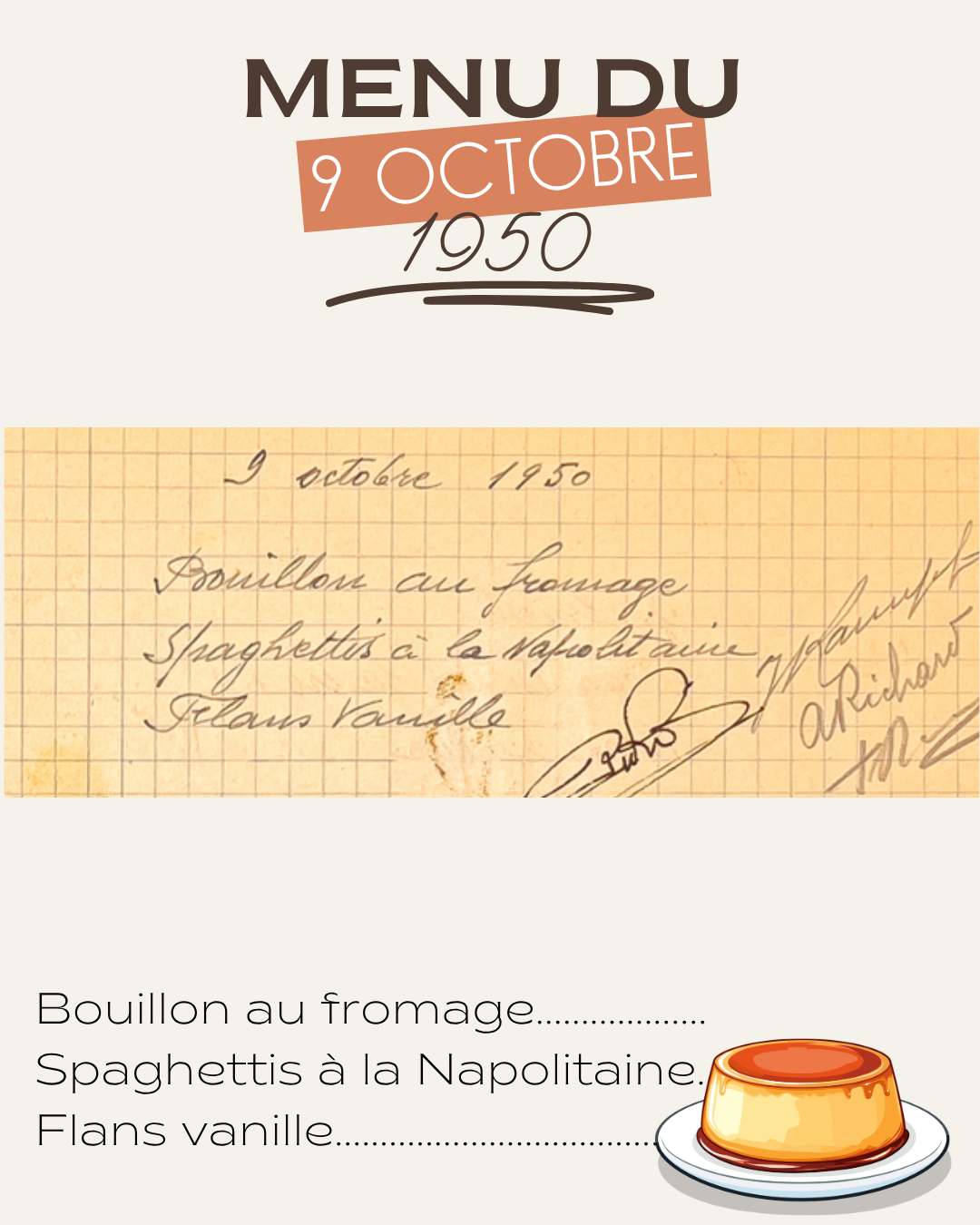 Menu du 9 octobre 1950
Bouillon au fromage
Spaghettis à la Napolitaine
Flans vanille