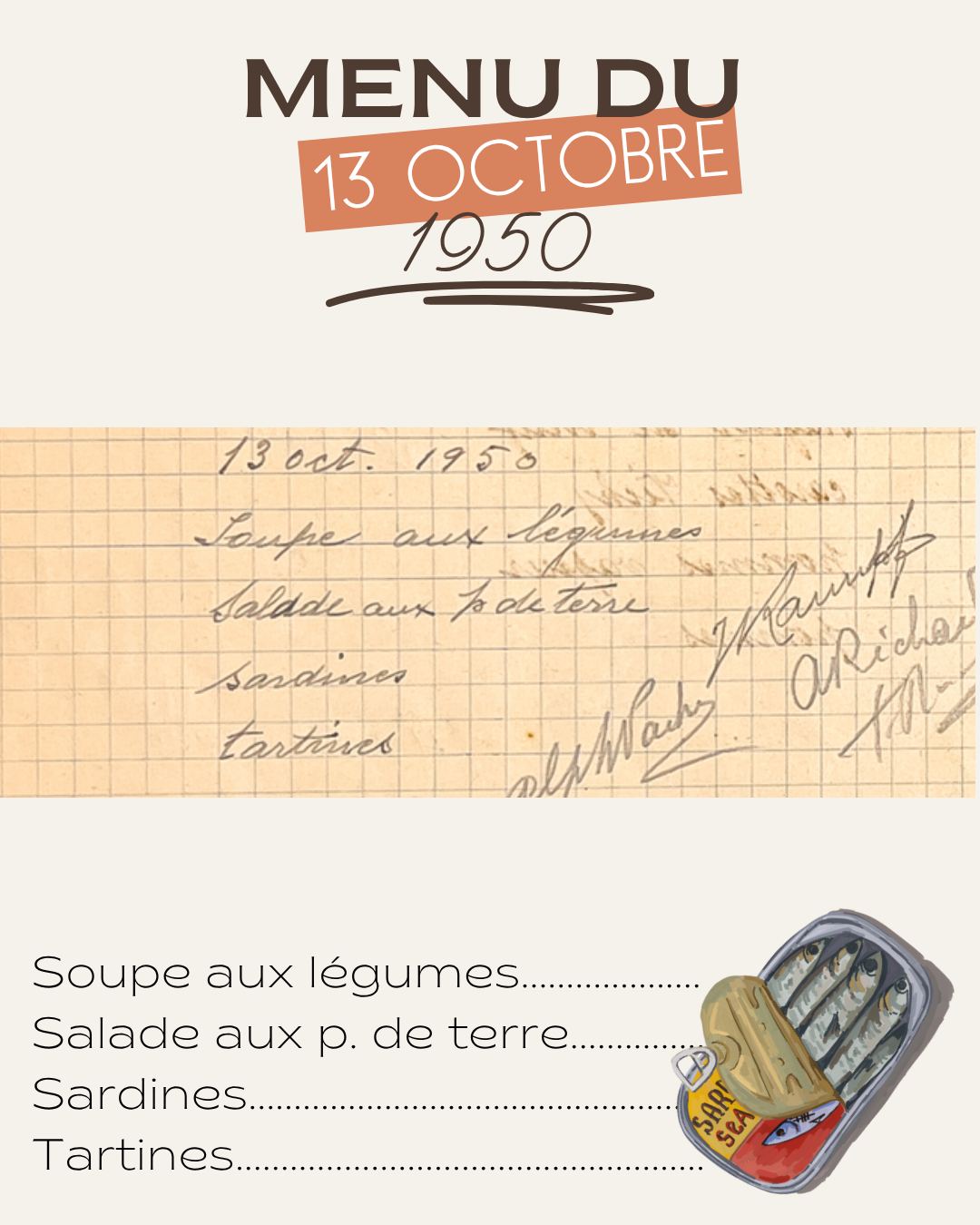 Menu du 13 octobre 1950
Soupe aux légumes
Salade aux p. de terre
Sardines
Tartines