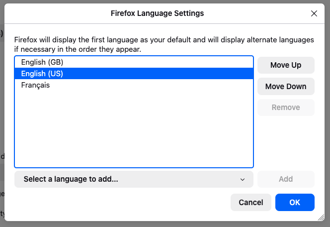 Firefox language settings, listing English (GB), English (US), and Français. The Remove button for English (US) is disabled.