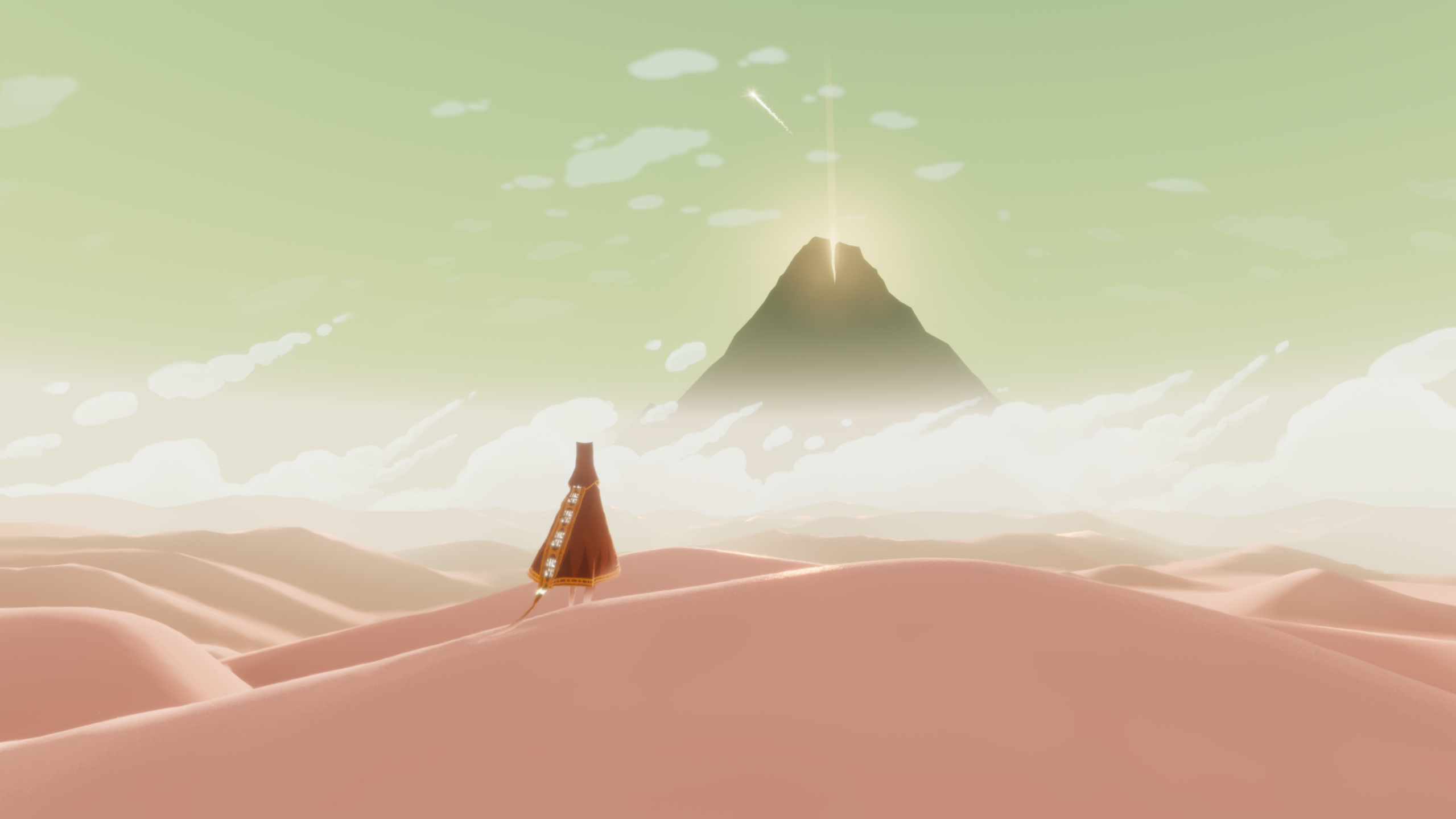 Le pèlerin face à désert avec au fond la montagne