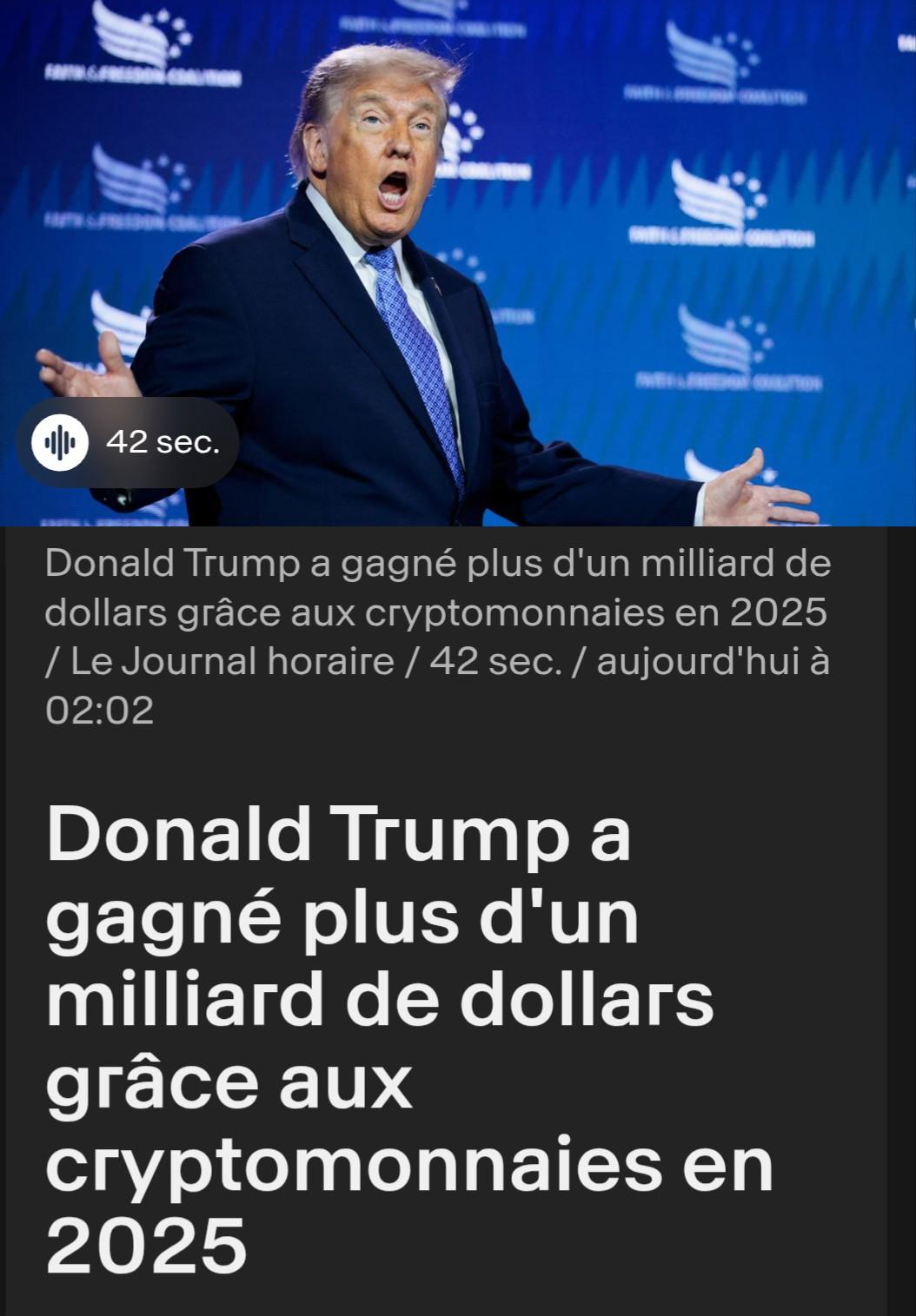 Capture d'écran d'un article le de la RTS : Donald Trump a gagné plus d'un milliard de dollars grâce aux cryptomonnaies en 2025