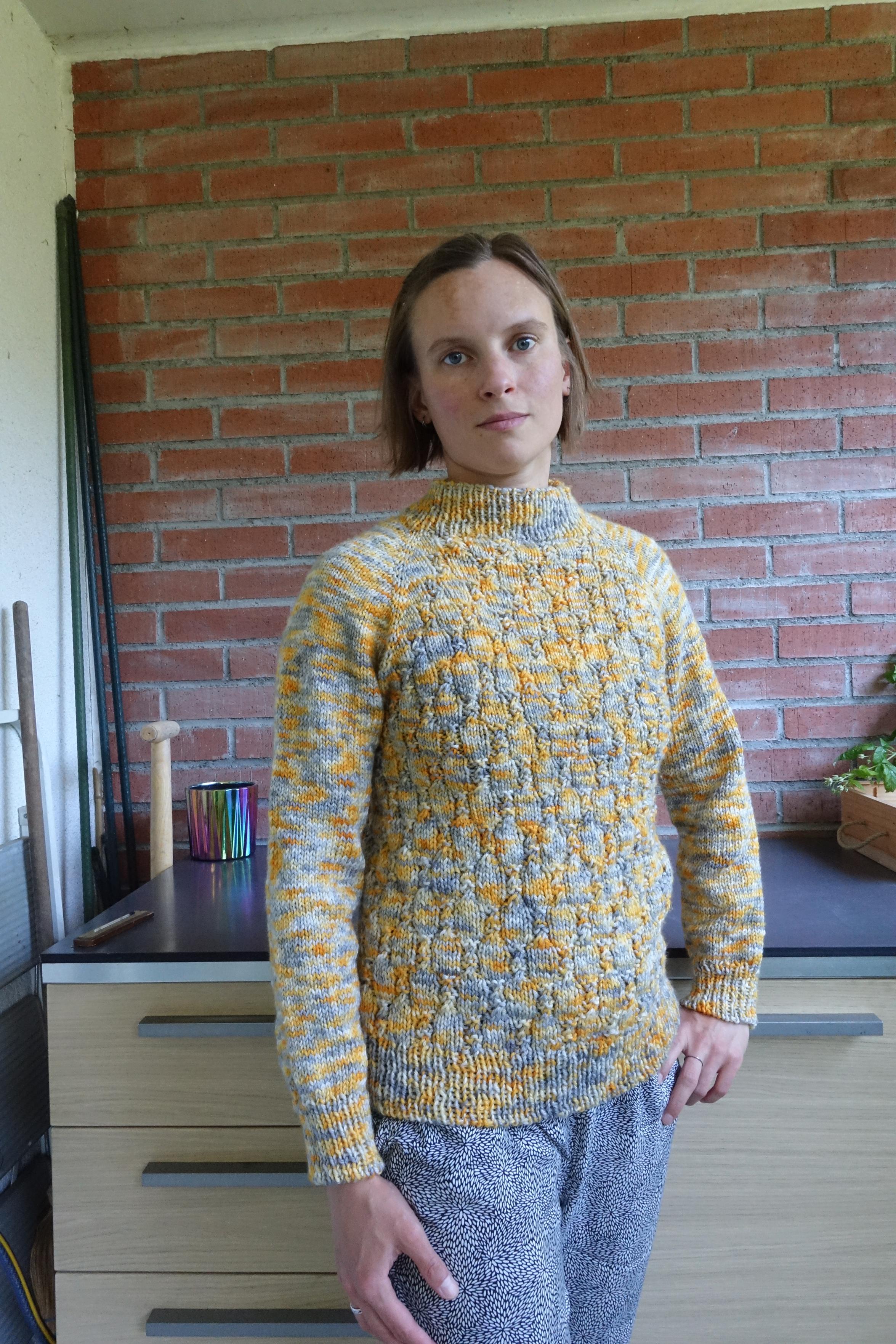 Picture of me wearing a newly finished knitter, sleeves are stockinette, body is a pattern  with knit and purl stitches and stitches twisted by two ; wool is DK speckled
Photo de moi portant un pull tricoté, les manches sont en mailles endroit et le corps en motif de mailles endroit et envers, et des torsades sur deux mailles. La laine est d'épaisseur DK (aiguilles 4mm), teinte à la main, motif de speckles