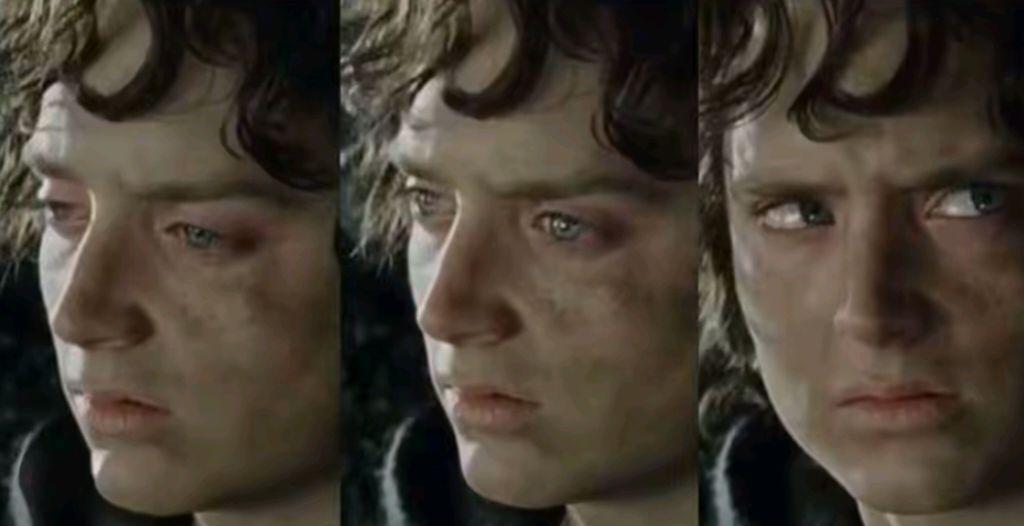 Image tirée de la trilogie Le Seigneur des Anneaux, en 3 panneaux, de gauche à droite. On y voit Frodo (un jeune 'homme' blanc, les cheveux ondulés bruns), les paupières rouges, l'air épuisé. Sur les deux premier panneaux, il regarde dans le vide, ses yeux sont à demi-fermé dans le premier, plus ouvert dans le deuxième. Sur le troisième panneau, il regarde vers sa gauche avec un regard mêlant incompréhension et colère